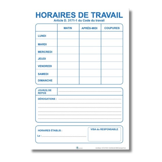 Panneau d’affichage des horaires de travail – Conforme aux obligations